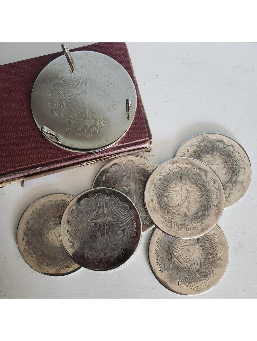 Vintage Art DecoSilver Plated Shell Coaster Set And Stand 7 Pc Fan Scallop